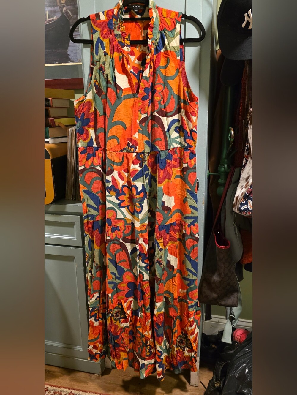 CeCe Orange Multi Floral Sleeveless Maxi Dress With Pockets